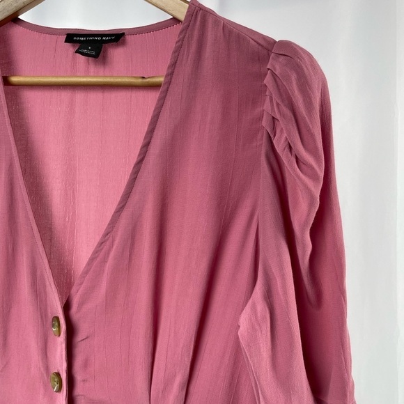Something Navy Button Pleated Short Sleeve Flared Mini Dress In Dusty Pink Small - Picture 4 of 8